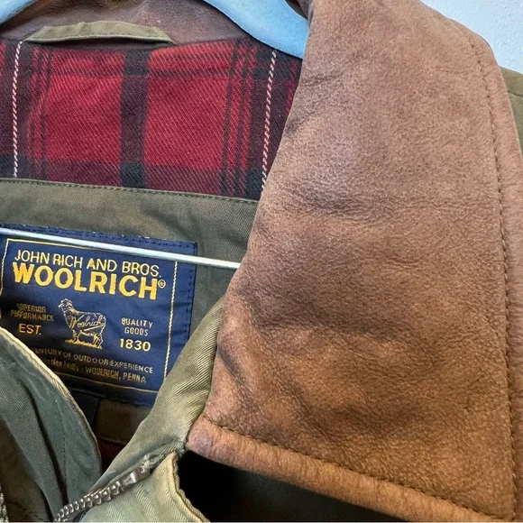 VTG Woolrich Men Bomber Jacket Thermore Green Brown Leather Size XL Rustic Cabin - Picture 3 of 11
